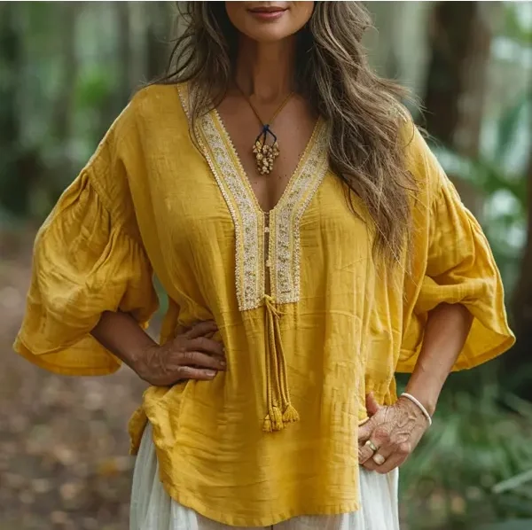 Retro Loose Comfortable And Breathable Ethnic Style Linen V-neck Short-sleeved Top