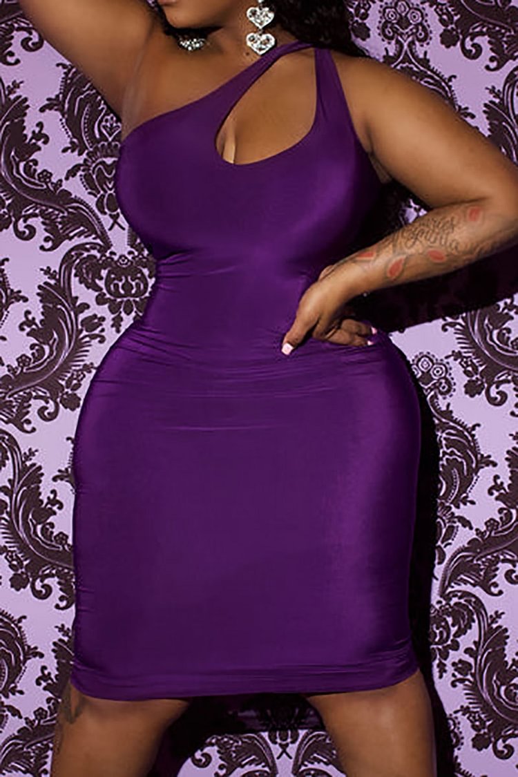 Plus Size Purple Party Cutout One Shoulder Midi Dress 