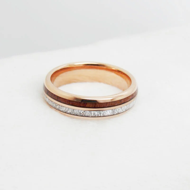 6MM 8MM Full Arc Electric Rose Gold Tungsten Wedding Rings Inlaid Mahogany And Silver Thread