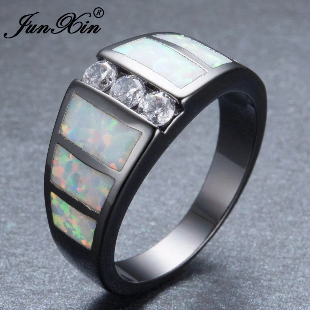 JUNXIN Unique Rainbow Fire Opal Rings For Female Male Black Gold Filled Wedding Party Engagement Promise Ring Love Jewelry