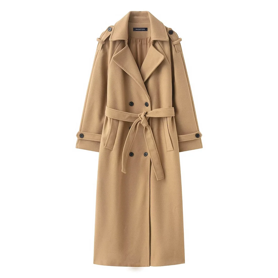 Nigikala Nigikala Autumn New Female Retro Leisure Double Buckle With Belt Long Hair Coat