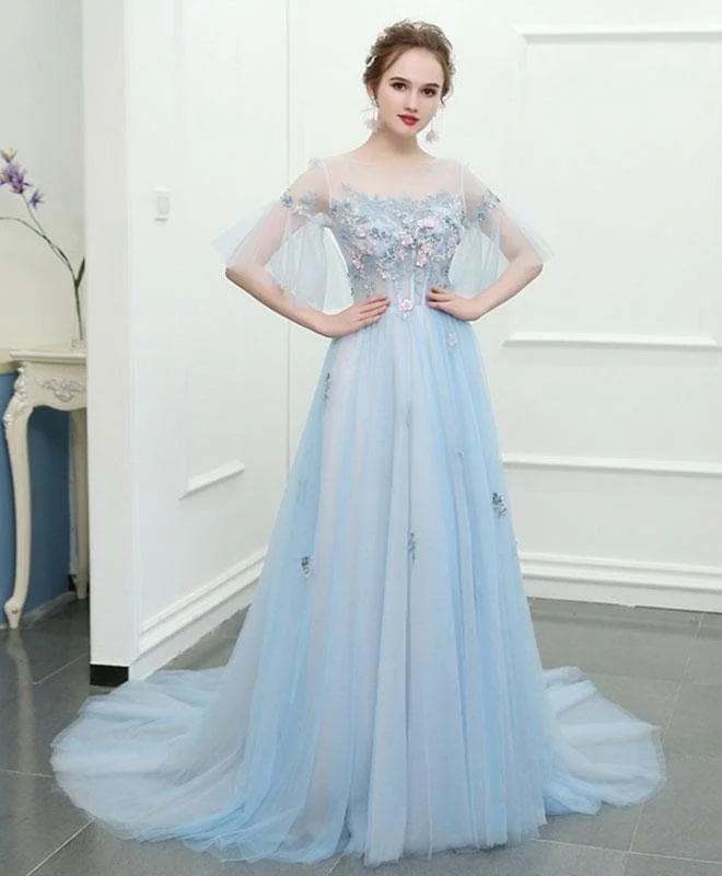Light Blue Tulle Lace Long Prom Dress, Lace Evening Dress