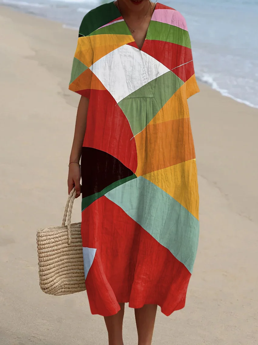 Retro Eclectic Abstract Art V Neck Midi Dress
