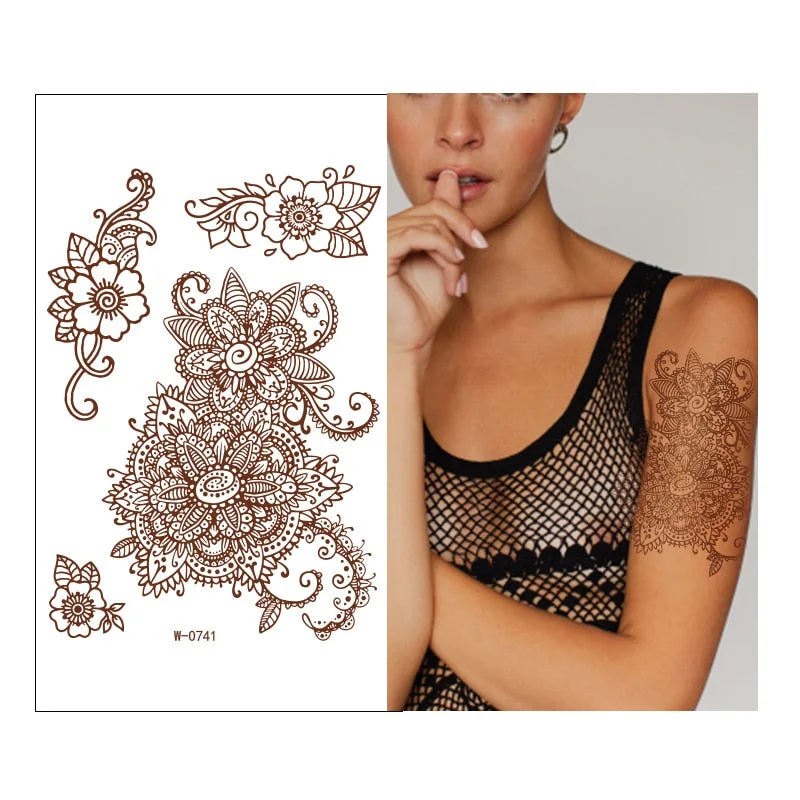 Henna Tattoo Sticker Temporary Brown Henna Chest Hand Lace Henna Mandala Flash Tattoos Sticker Body Art Arm Fake Tatoo Women Men
