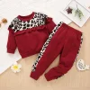 Kid Baby Girl Long Sleeved Casual Stitching Ruffle Leopard Set 2 Pcs
