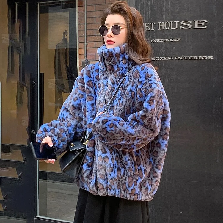 Oversized Stand Collar Blue Leopard Long Sleeve Faux Fur Zip-up Fluffy Coat 