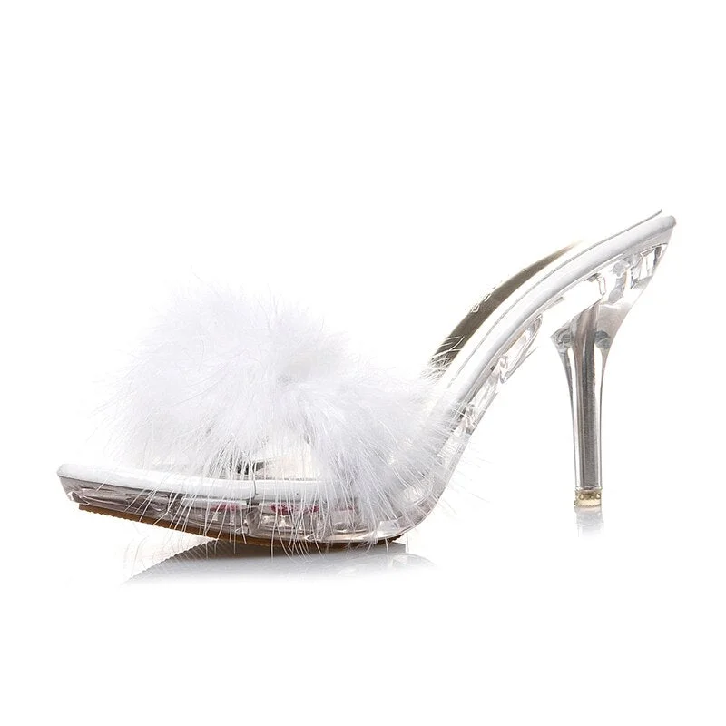 Sexy Stiletto Heels Fur Slippers For Women 2022 Summer Fashion Platform Sandals Woman Transparent Pvc Ladies Mules Shoes
