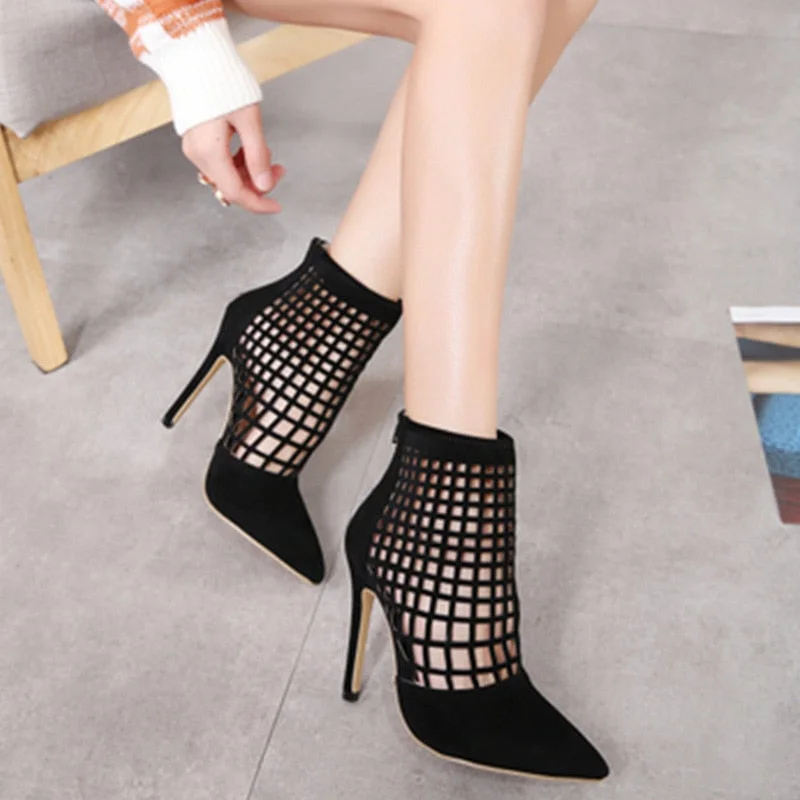 Sharp hollow female short boots, high heels, spring season and naked boots.