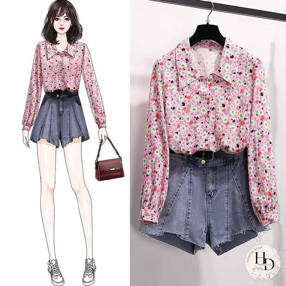 Vintage Floral Blouse+ Denim Shorts P16182