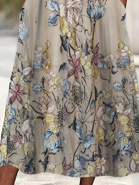 Women's 3/4 Sleeve V-neck Floral Printed Lace Stitching Midi Dress