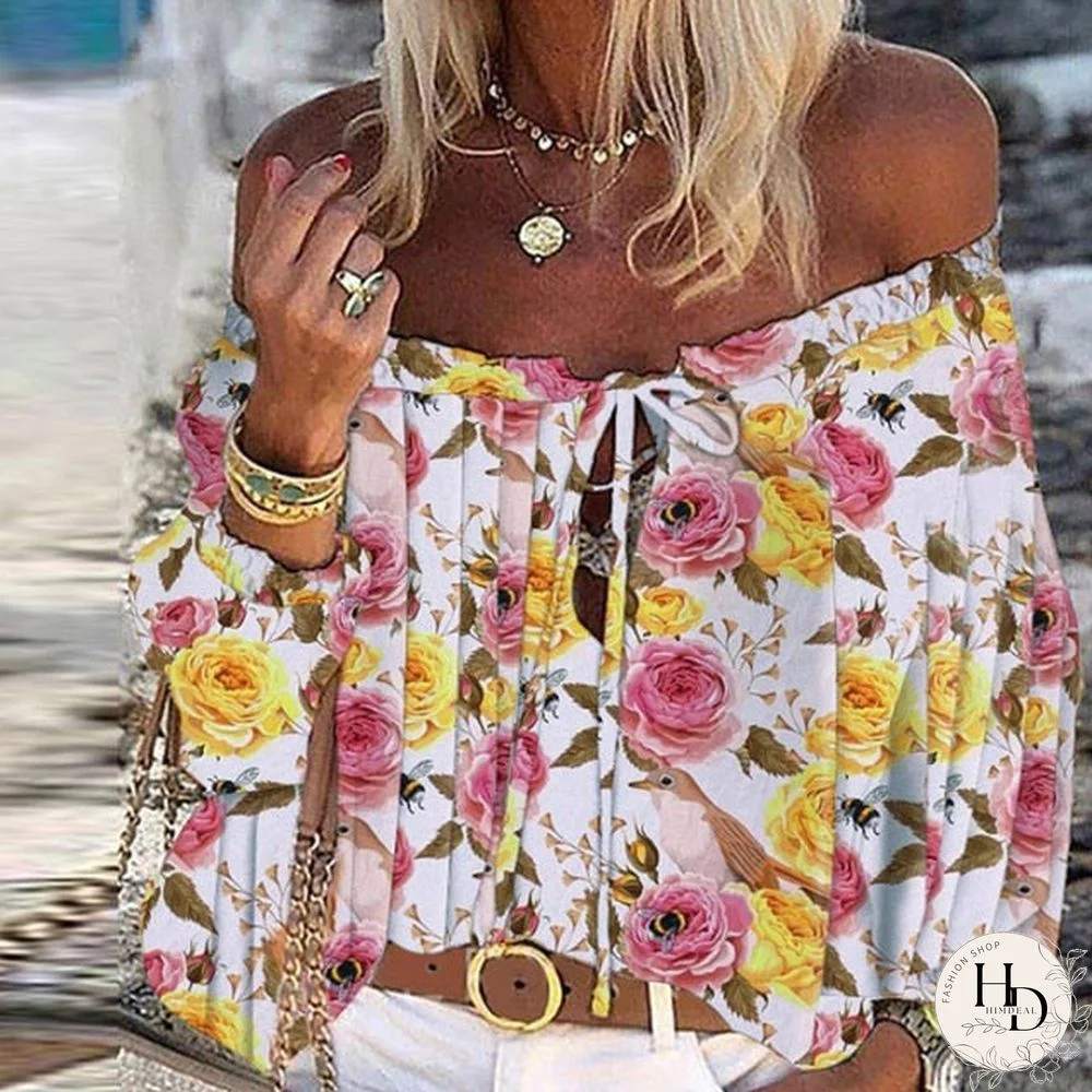 Summer Vintage Floral Print Boho Blouses Women Sexy Off Shoulder Flare Sleeve Shirts Tops Elegant Lace-Up Tassel Chic Blusa