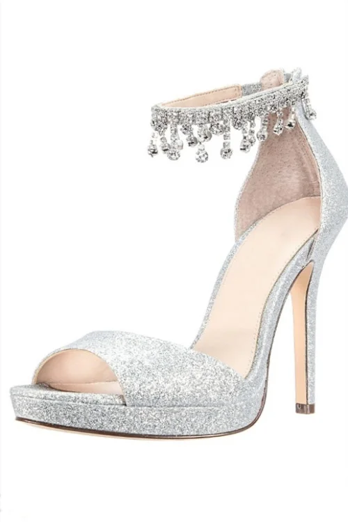 Silver Glitter Rhinestone Ankle Strap Heels Vdcoo