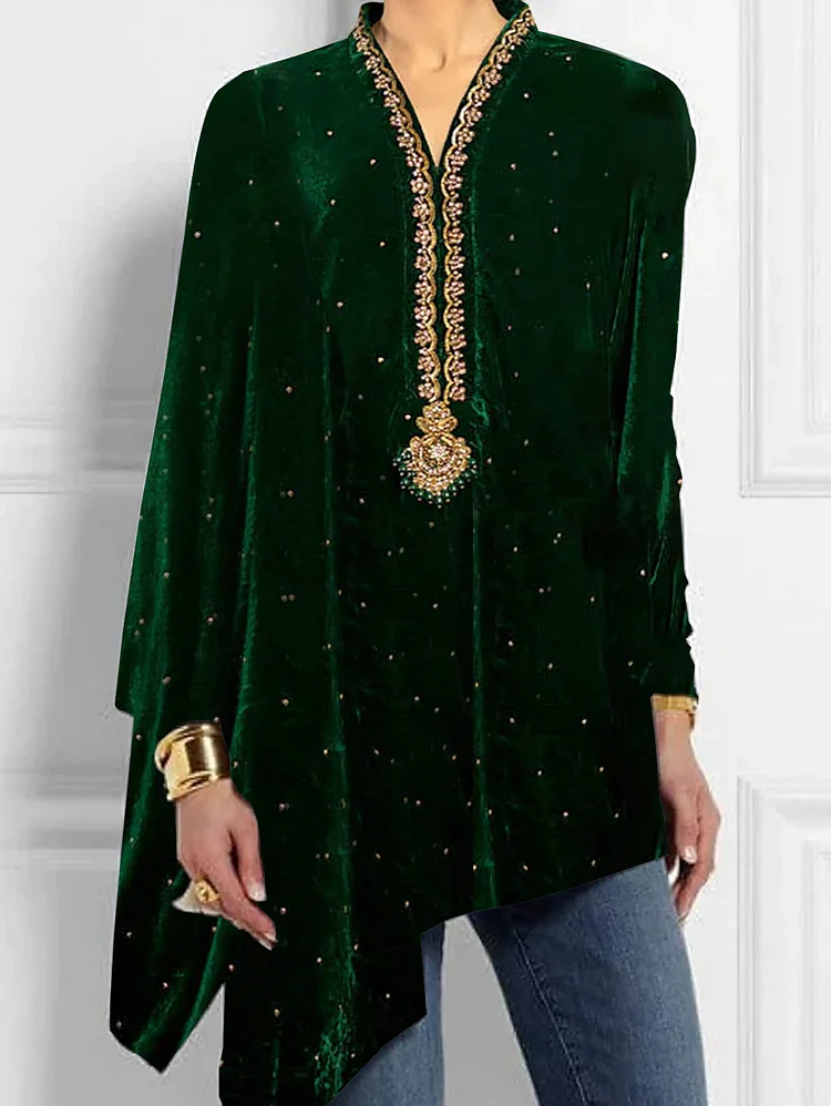Ursime Elegant Velvet Green Irregular Hem Long Sleeve Blouse