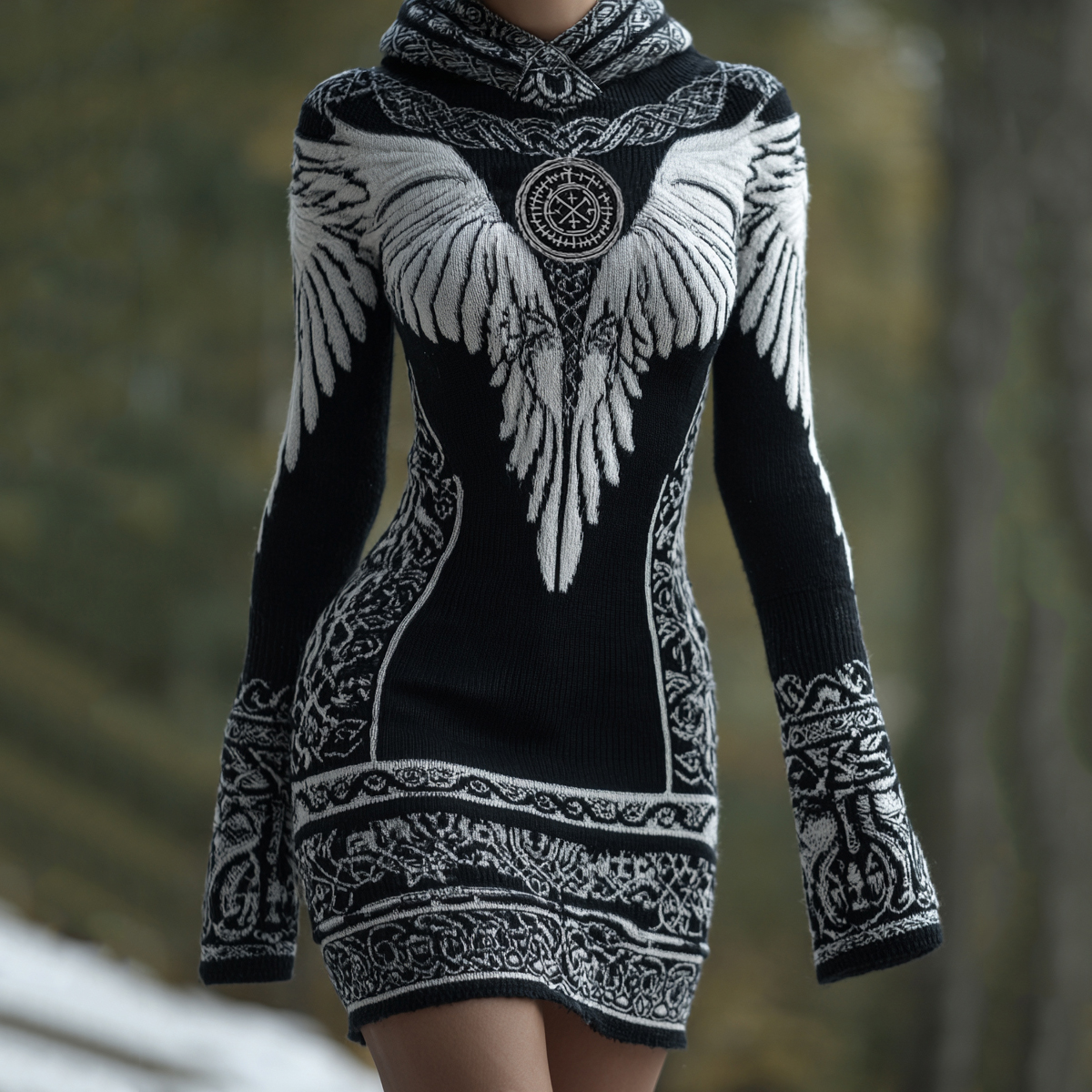 Women's Viking Wing Runes Celtic Art Cozy Knit Mini Hooded Sweater Dress elevenforest