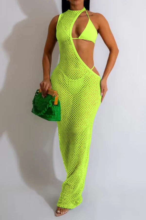 Solid Color Flirty Fishnet See-Through Three Pieces