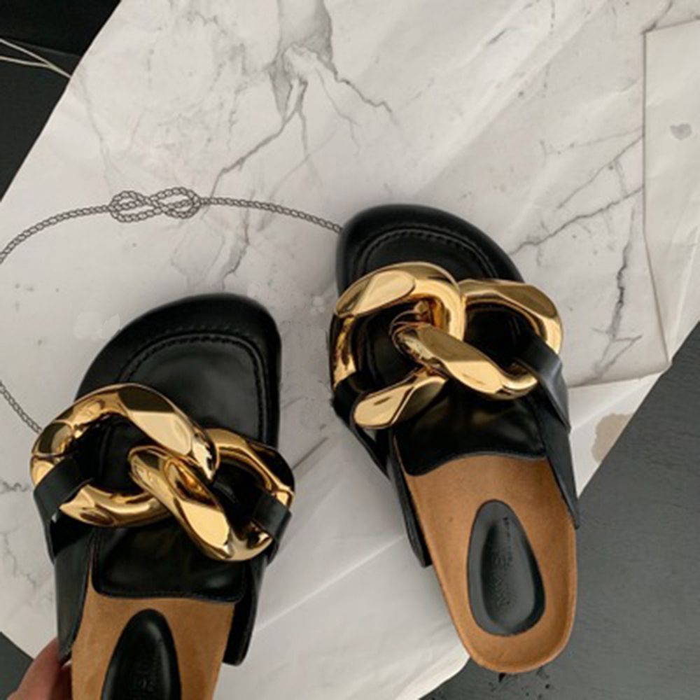TAAFO Classy Women Mules Shoes Flat Slipper Shoes Black Mules Shoes With Chain