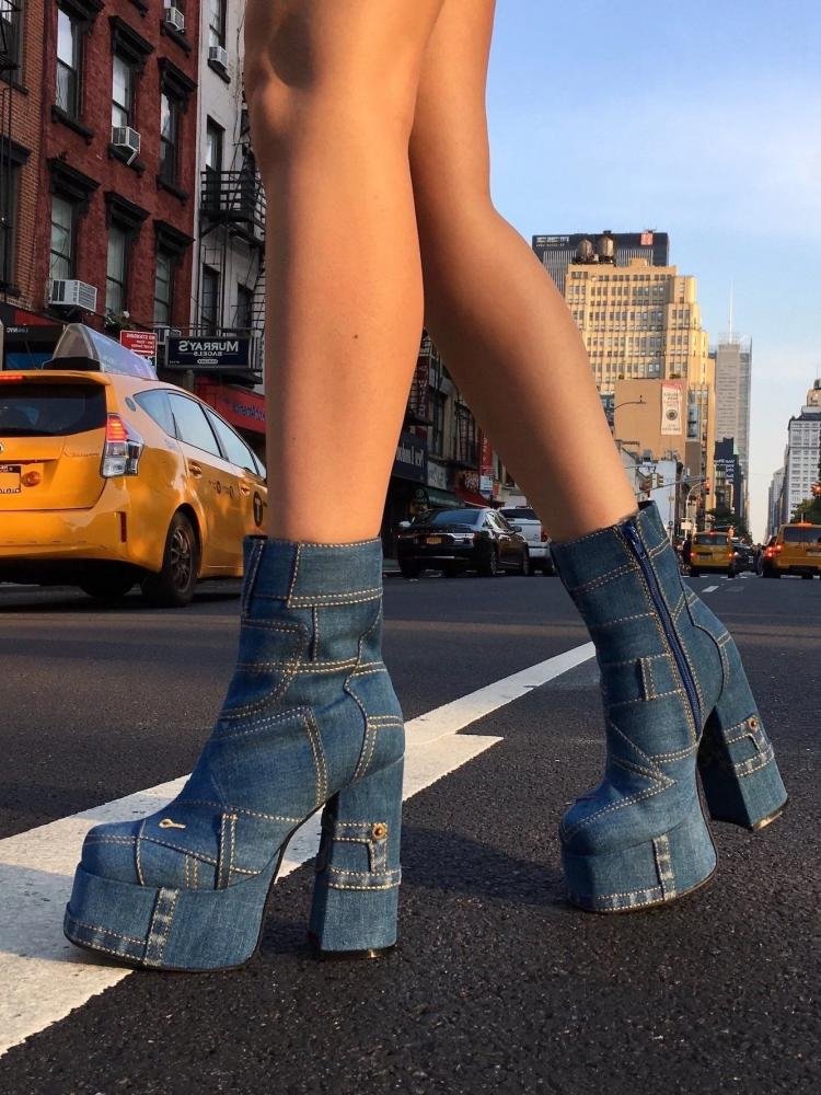 Denim Chunky Heel Platform Ankle Boots