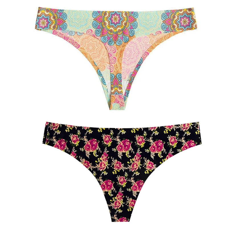 CINOON 2pcs Sexy Flowers Lingerie Woman Knickers Low-waist Panties Thong Seamless Breathable Underwear Female G String Intimates
