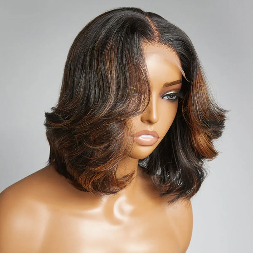  Caramel Brown Highlights Color Body Wave 13×4 Lace Layer Cut Bob Wig