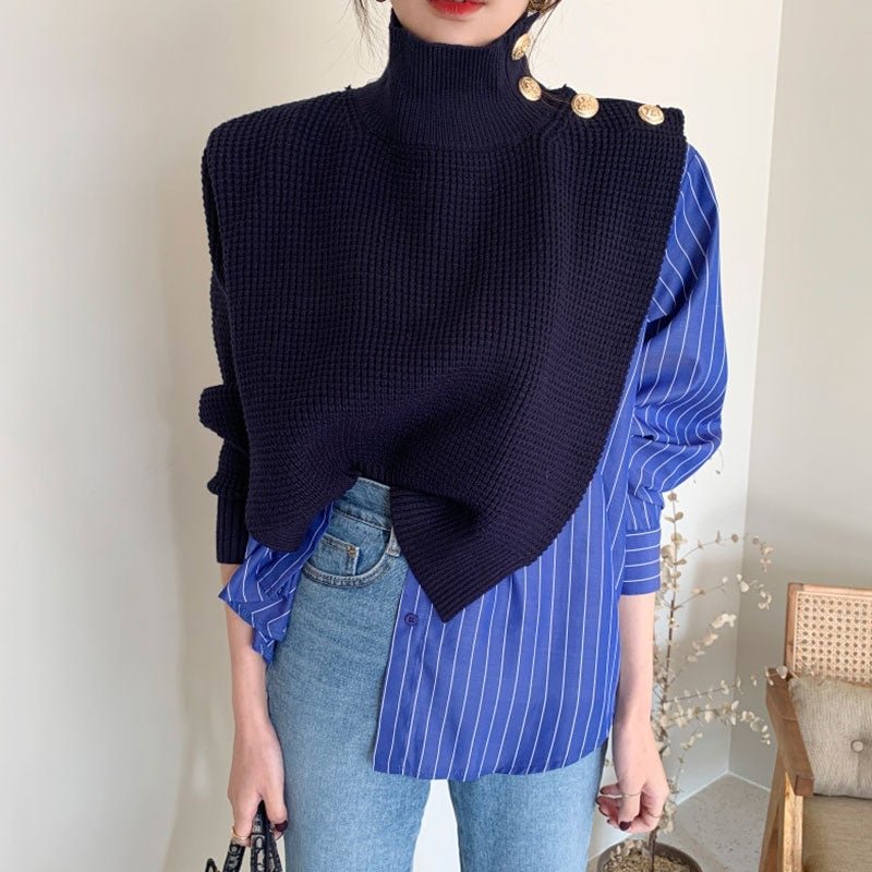 Korean Chic 2020 Autumn High Collar Side Buttons Fake Two-piece Shirt Stitching Striped Bubble Sleeve Sweater Blue women