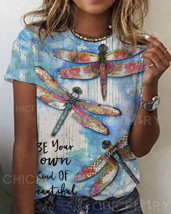 Women's Dragonfly Pattern Crew Neck T-shirt