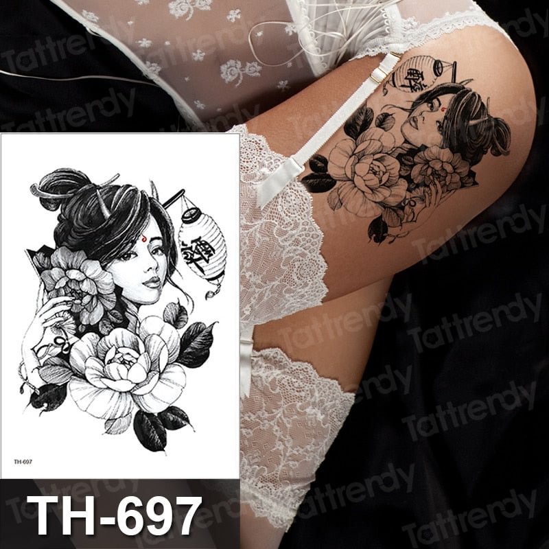 temporary thigh tattoo japanese leg tattoo stockings black transfer waterproof sexy tattoo for women girls stickers tattoo decal