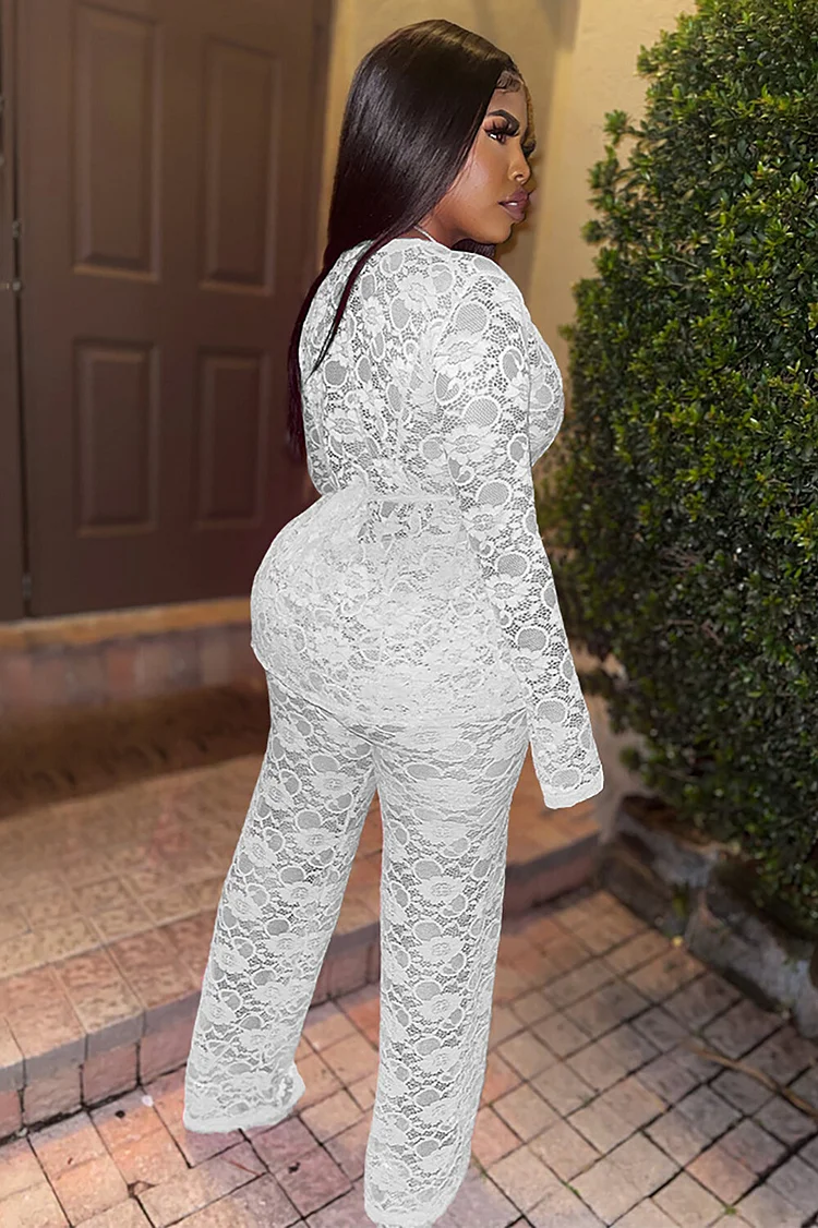 Floral Lace Deep V Neck Long Sleeve Top Straight Leg Pants 2pcs Set-White