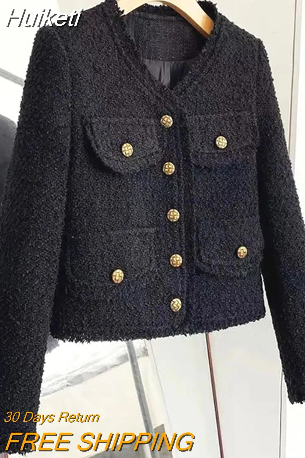 Huiketi Small Fragrant Tweed Jacket Women Autumn Winter Woolen Short Black Jacket Streetwear 2023 Fashion Slim Outwear Crop Tops