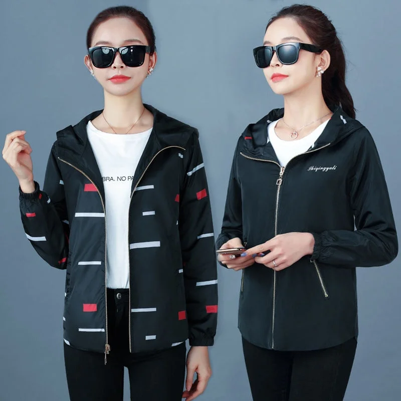 NEEDBO Women Hooded Jackets Two Side Wear Print Outwear Coat Female Windbreaker Tops Pocket Zipper Jackets Causal Windbreaker