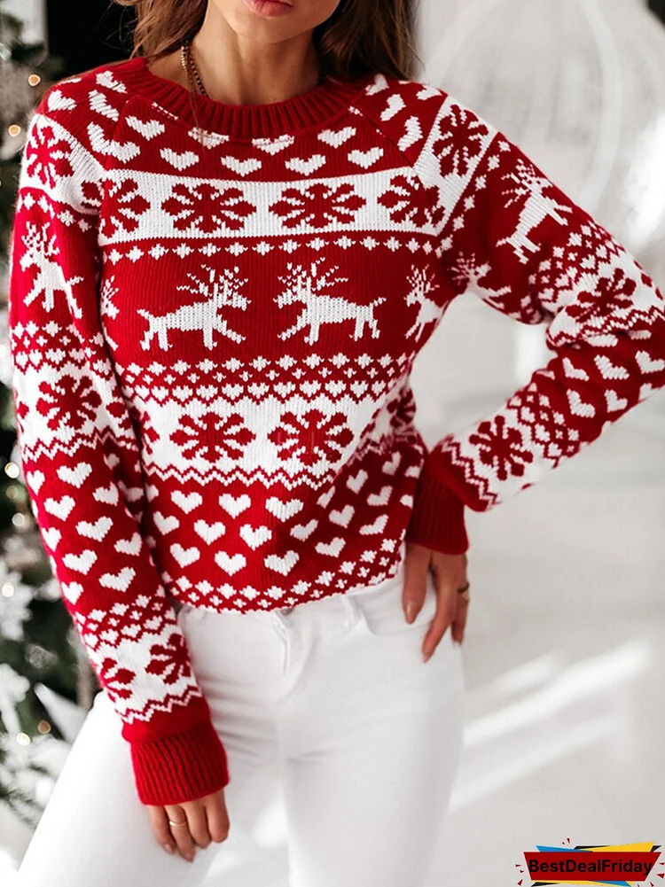 Christmas Print Long Sleeve O-neck Casual Sweater For Women