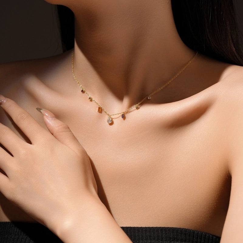 925 Sterling Silver Zircon Cable Chain Water Droplets Pendant Necklace