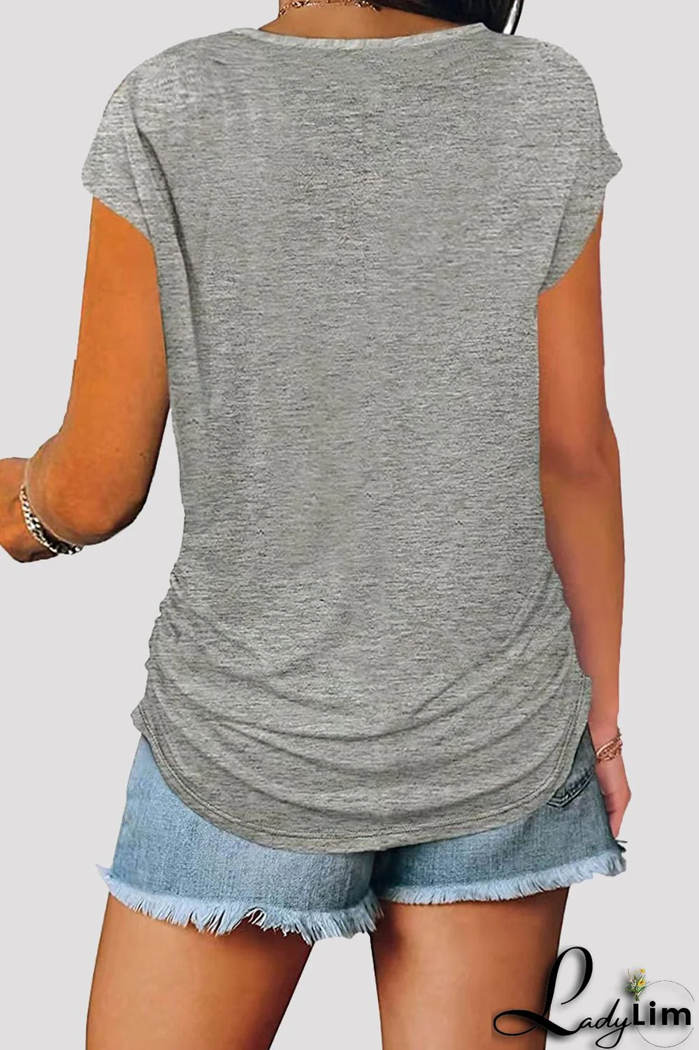 Grey Fashion Casual Solid Split Joint Zipper V Neck T-Shirts