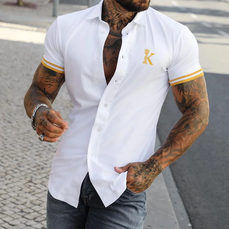 Men's Fashion Crown K Print Color Matching Casual Slim Short Sleeve Shirt