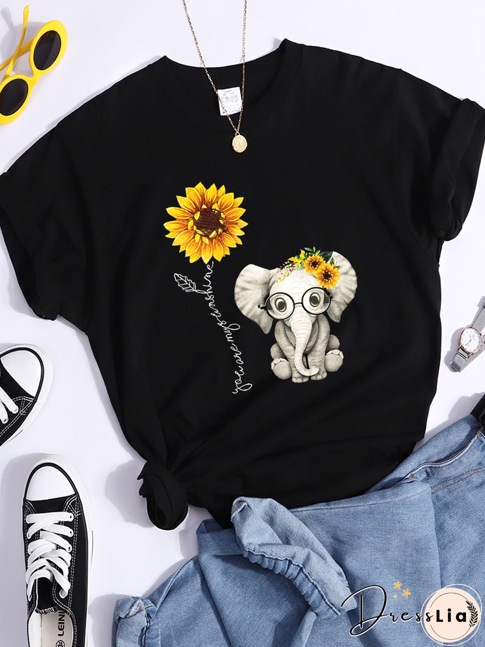 Sunflower Elephant Gift Friend Female T Shirt Cool Fashion Street Tshirt Breathable Personality Clothes Casual Summer Crop Top