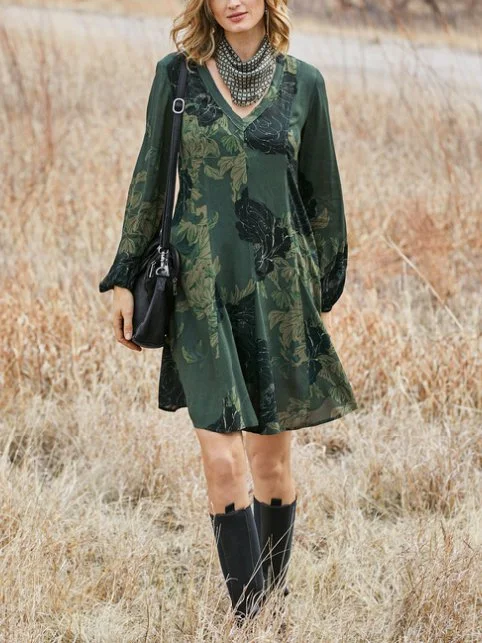 Women Casual Floral Autumn V Neck Natural Lightweight Daily Loose Midi Dresses