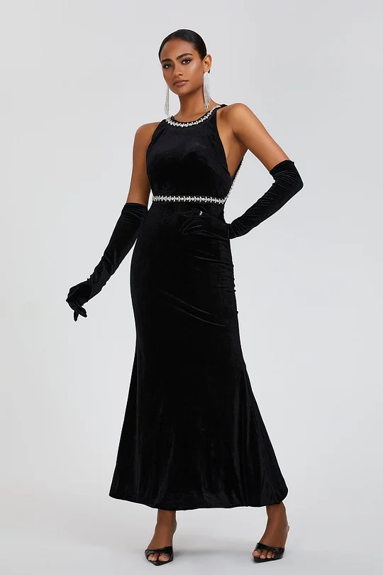 Elenora Black Sheer Embellished Bodycon Long-Sleeve Maxi Dress