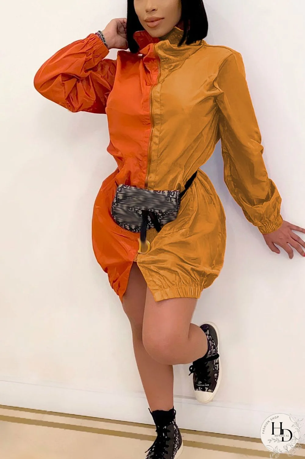 Blue Casual Polyester Patchwork Split Joint Turtleneck Long Sleeve Long Sleeve Dress Dresses