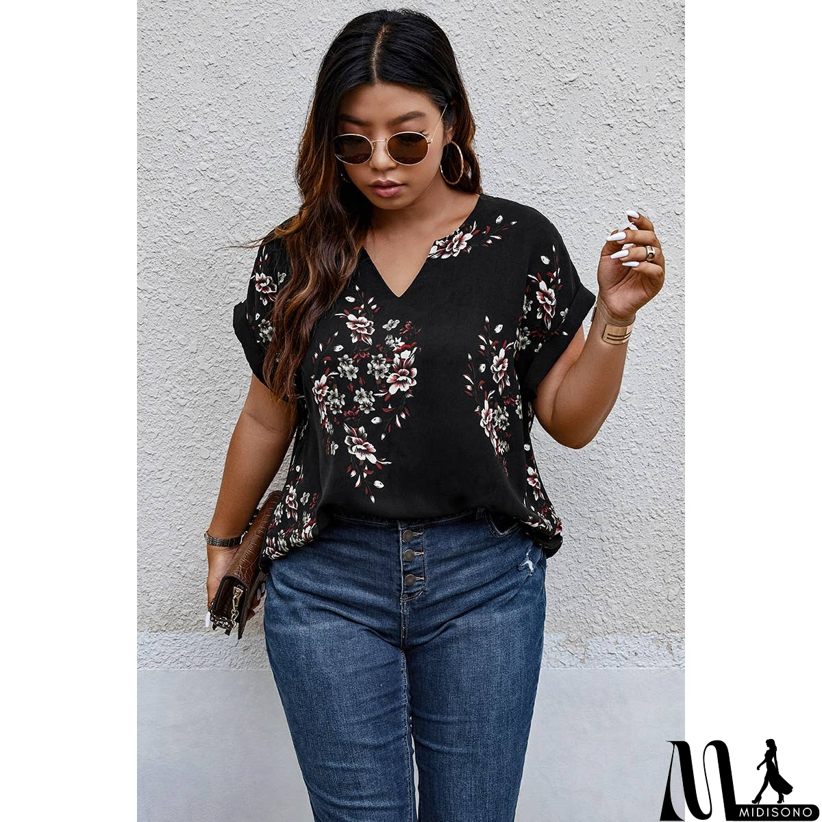 MidiSono - Plus Size Floral Print V Neck Loose Blouse