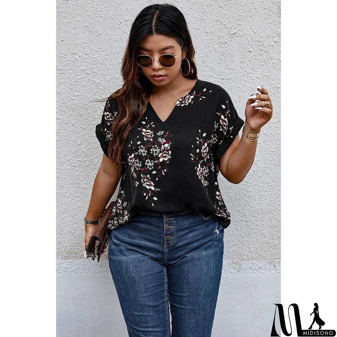 MidiSono - Plus Size Floral Print V Neck Loose Blouse