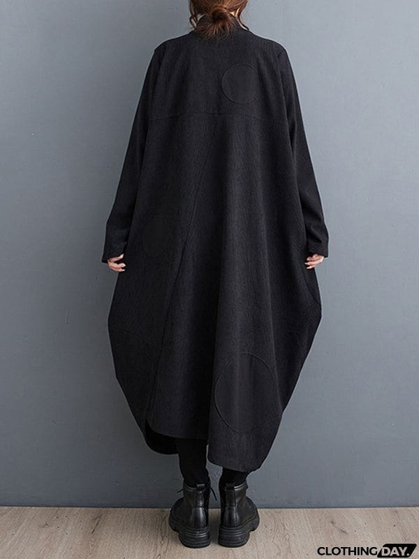 Long Sleeves Loose Asymmetric Pleated Polka-Dot Split-Joint Zipper High-neck Midi Dresses Outerwear