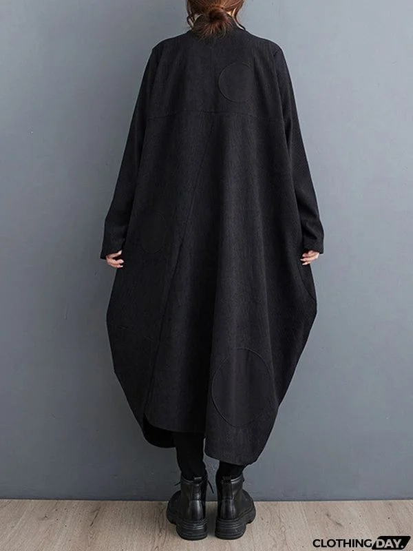 Long Sleeves Loose Asymmetric Pleated Polka-Dot Split-Joint Zipper High-neck Midi Dresses Outerwear