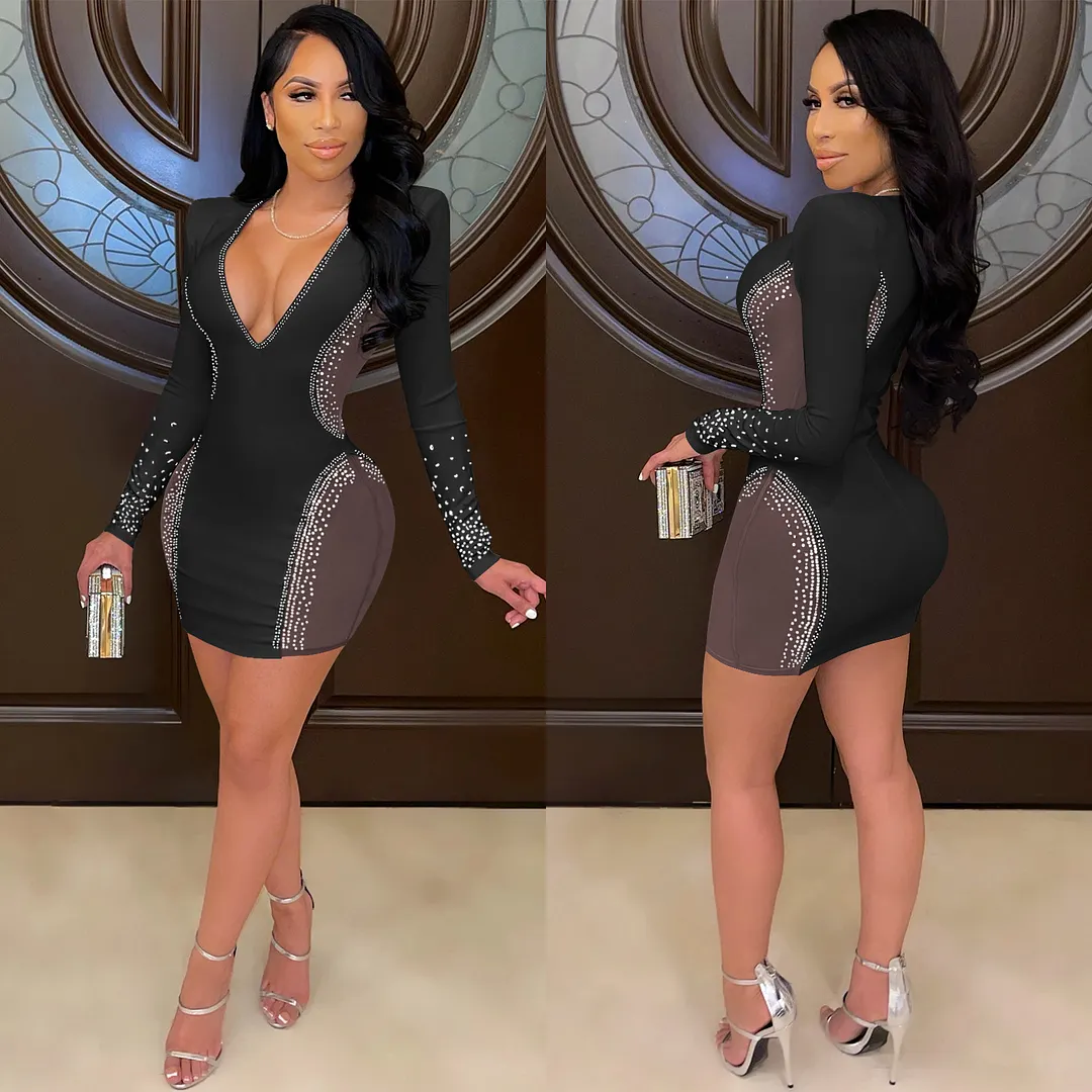 Churchf Churchf Fashion New Wish Sexy Deep V Nightclub Evening Dress Hot Drill Perspective Middle Skirt