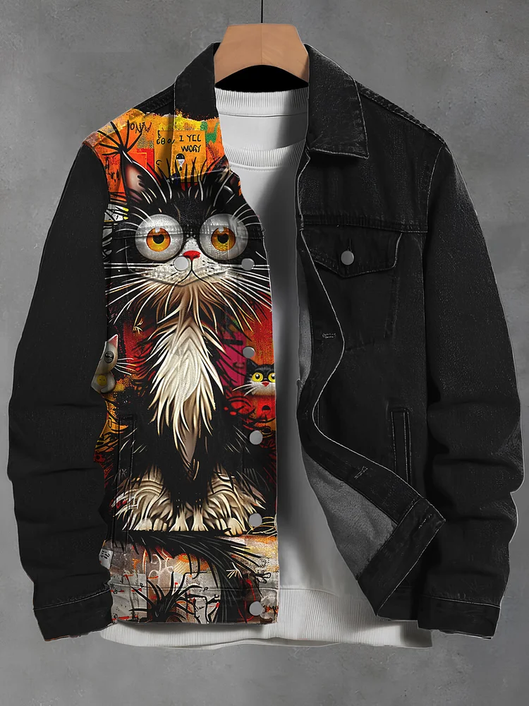 Men's Cat Street Graffiti Art Print Denim-Like Long Sleeve Shirt
