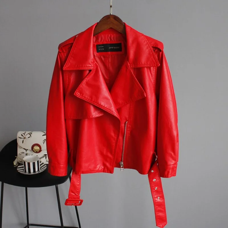 FTLZZ New Autumn Pu Motorcycle Faux Soft Leather Women Jacket Coat Turn-down Collar Long Sleeve Epaule Female Loose Short Jacket