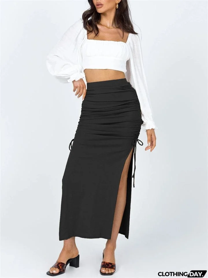 Women's Sexy Elegant Style Lace-up Design Slit Hem Knitted Slim Skirts