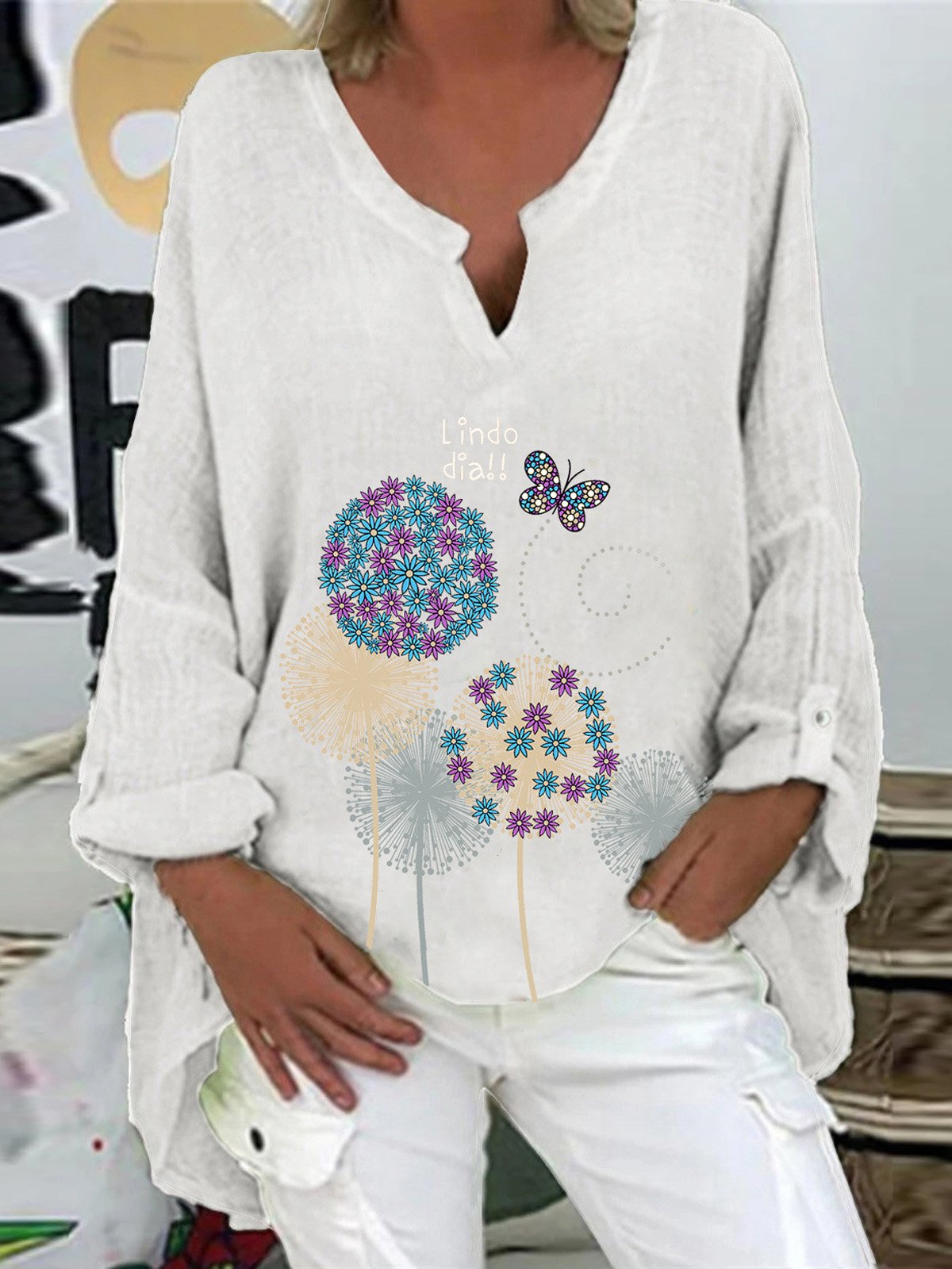 Women's V-neck Long Sleeve Printed Tops