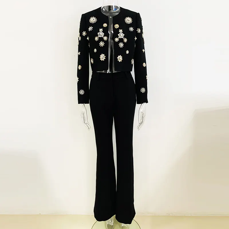 Nigikala Nigikala New Fashion Round Neck Heavy Industry Nail Beads Short Jacket Open Fork Horn Trousers Set