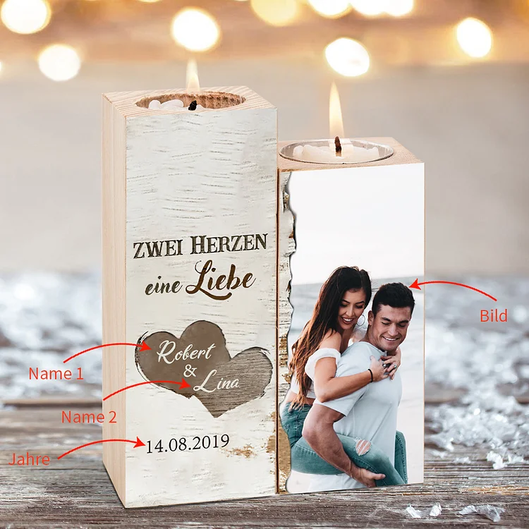 Personalisierter 2 Namen & Datum & Foto Kerzenhalter-Zwei Herzen eine Liebe-für Paare Geschenk