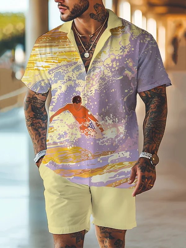 Men's Sea Surfing Print Short Sleeve Shirt Set