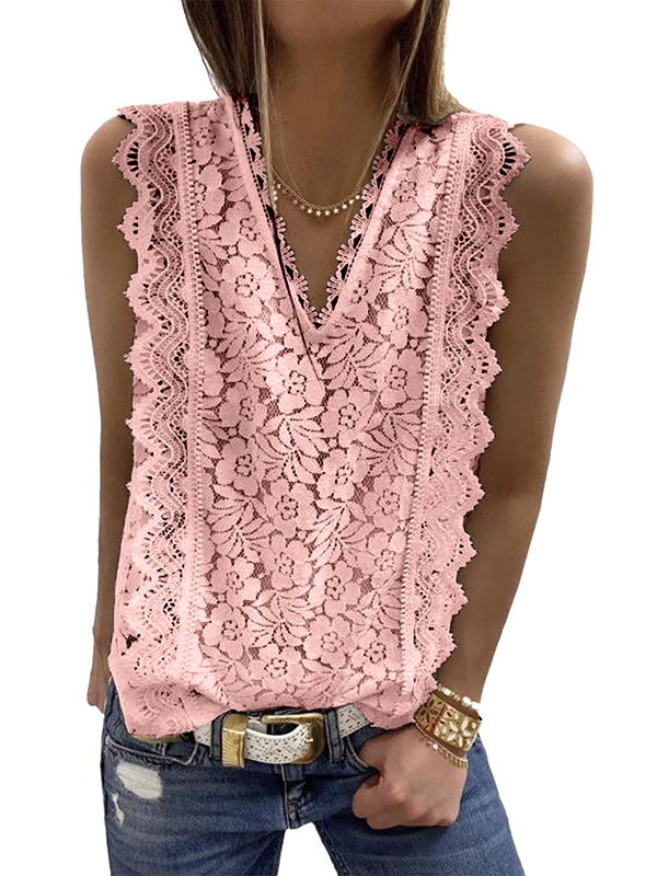 Original Lace Solid Color Loose Vest Top PINK-L